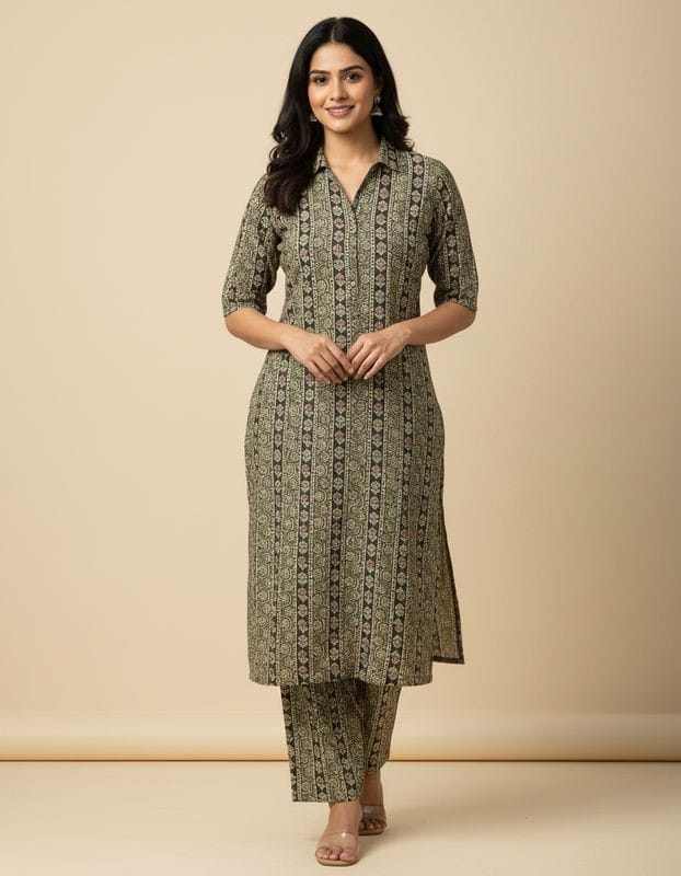 Cotton Cordset with Collar Neck Black and Light Colour Mix